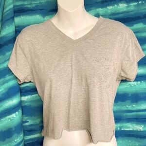 Vintage grey rhinestone  V-neck stretch baby tee! “Beverly Hills polo club”